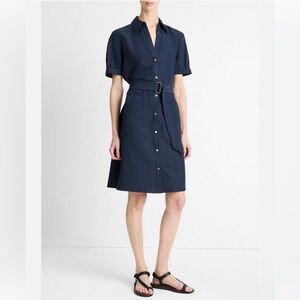 VINCE Cuffed-Sleeve Belted Shirt Dress NAVY blue Size M New with tags $448